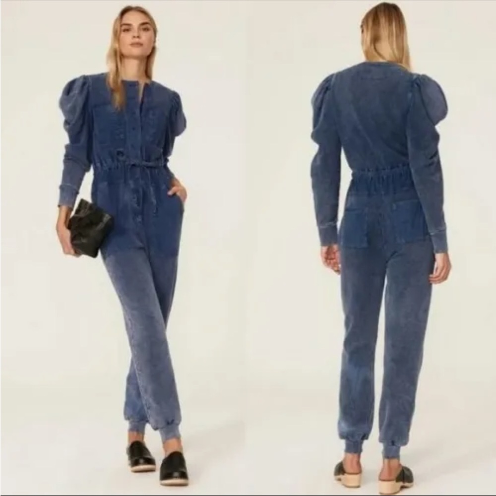 Ulla Johnson Size Small Sadie Jumpsuit Blue Cotton Drawstring Puff Sleeve Pocket